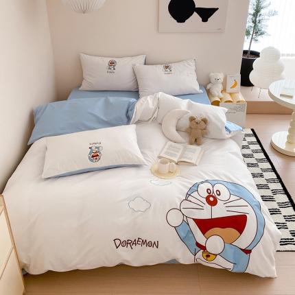 91家纺网 家纺一手货源 找家纺 猪先生 2023新款 叮当猫纯棉绣花四件套 捂嘴哆啦蓝