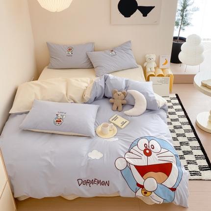 91家纺网 家纺一手货源 找家纺 猪先生 2023新款 叮当猫纯棉绣花四件套 捂嘴哆啦蓝