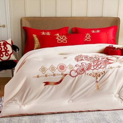 91家纺网 家纺一手货源 找家纺 (总) 2025新款婚庆棉花被刺绣大红结婚喜被被子被芯婚庆四件套