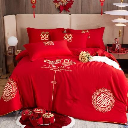 91家纺网 家纺一手货源 找家纺 2025婚庆棉花被刺绣大红结婚喜被被子被芯棉花子母被吾家双喜（红+红）