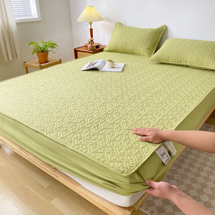 91家纺网 家纺一手货源 找家纺 丝涟 2023新款A类水洗亲肤棉抗菌防螨夹棉床笠 芥末绿