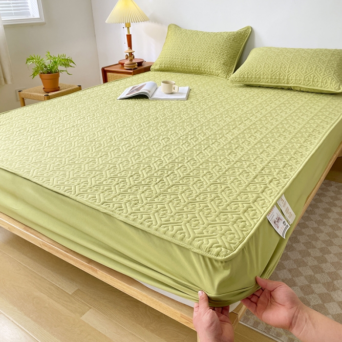 91家纺网 家纺一手货源 找家纺 丝涟 2023新款A类水洗亲肤棉抗菌防螨夹棉床笠 芥末绿