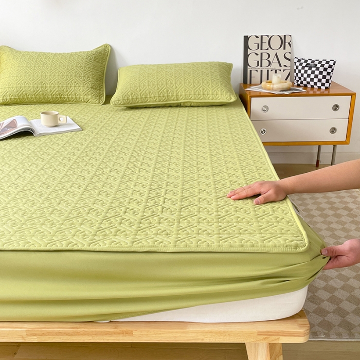 91家纺网 家纺一手货源 找家纺 丝涟 2023新款A类水洗亲肤棉抗菌防螨夹棉床笠 芥末绿