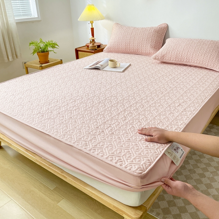 91家纺网 家纺一手货源 找家纺 丝涟 2023新款A类水洗亲肤棉抗菌防螨夹棉床笠 樱花粉