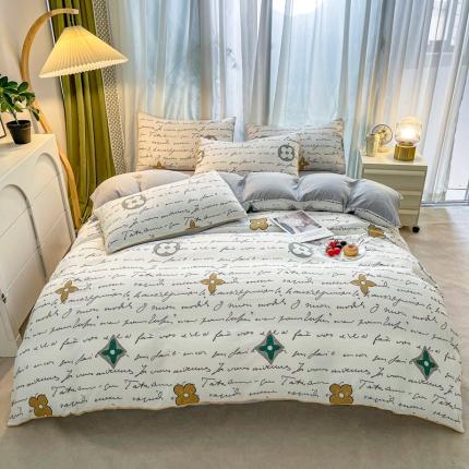 91家纺网 家纺一手货源 找家纺 仟网汇 2023新款皱皱布棉麻滚条四件套 滚条款-留声灰