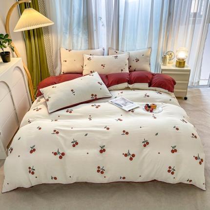 91家纺网 家纺一手货源 找家纺 仟网汇 2023新款皱皱布棉麻滚条四件套 滚条款-萝樱红