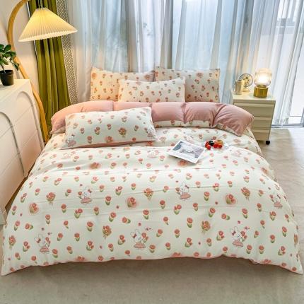 91家纺网 家纺一手货源 找家纺 仟网汇 2023新款皱皱布棉麻滚条四件套 滚条款-鲜花兔子