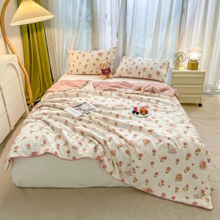 91家纺网 家纺一手货源 找家纺 仟网汇 2023新款小清新滚边水洗皱皱布亲肤大豆夏被印花单夏被鲜花兔子