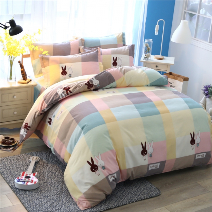 91家纺网 家纺一手货源 找家纺 鑫缘2025新款印花植物羊绒加厚磨毛四件套1.2米学生三件套 双子兔