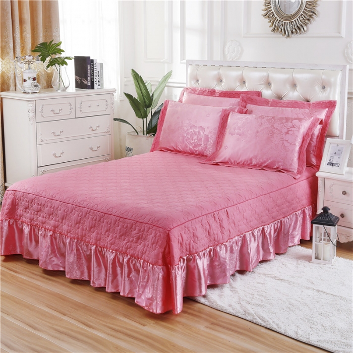 91家纺网 家纺一手货源 找家纺 福丽莱家纺  2023新款贡缎提花床裙四件套（夹棉）花团锦簇-粉玉