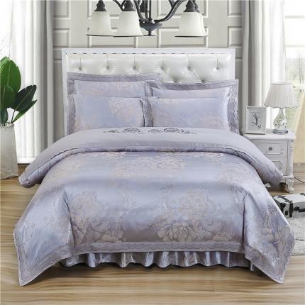 91家纺网 家纺一手货源 找家纺 福丽莱家纺  2023新款贡缎提花床裙四件套（夹棉）花团锦簇-银灰