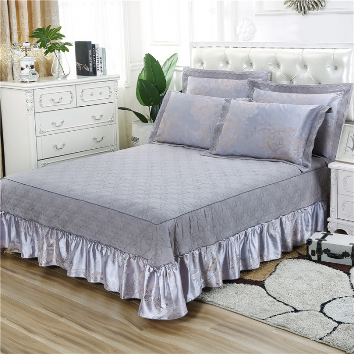 91家纺网 家纺一手货源 找家纺 福丽莱家纺  2023新款贡缎提花床裙四件套（夹棉）花团锦簇-银灰