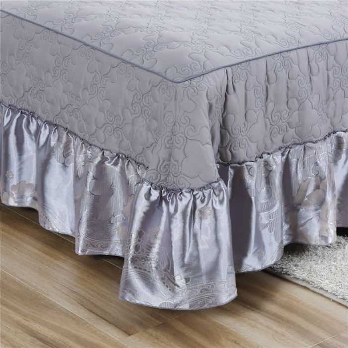 91家纺网 家纺一手货源 找家纺 福丽莱家纺  2023新款贡缎提花床裙四件套（夹棉）花团锦簇-银灰