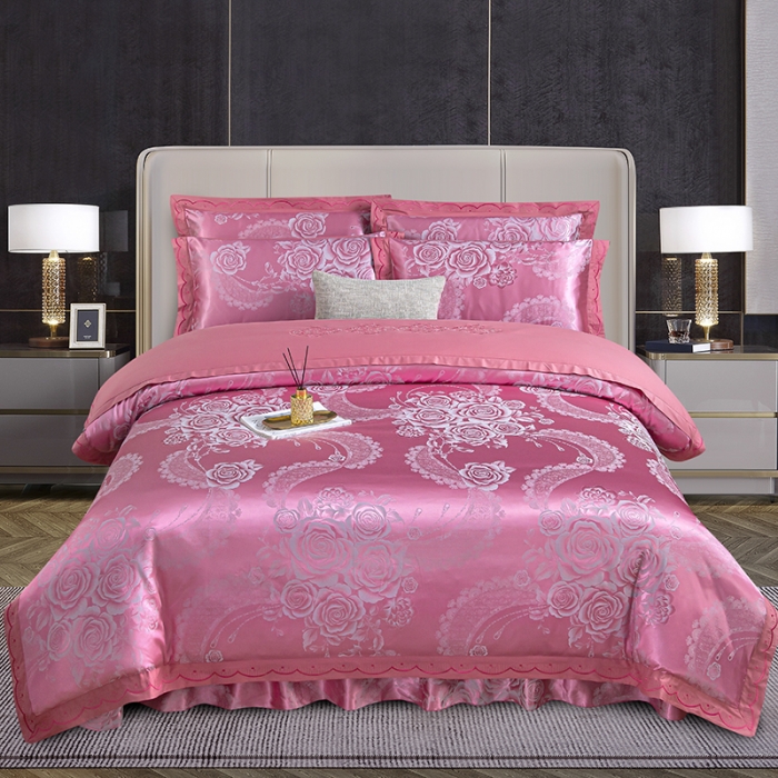 91家纺网 家纺一手货源 找家纺 福丽莱家纺  2023新款贡缎提花床裙四件套（夹棉）花逸芳心-豆沙