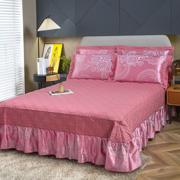 91家纺网 家纺一手货源 找家纺 福丽莱家纺  2023新款贡缎提花床裙四件套（夹棉）花逸芳心-豆沙