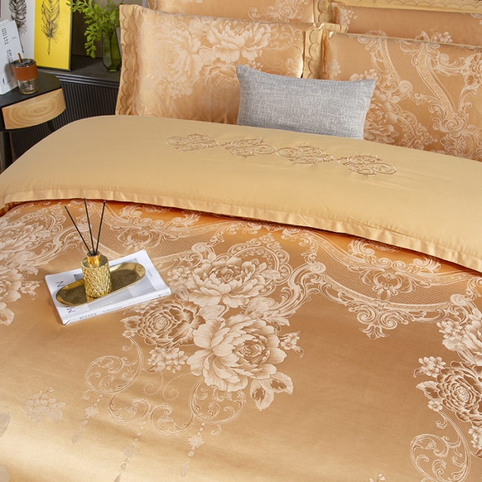 91家纺网 家纺一手货源 找家纺 福丽莱家纺  2023新款贡缎提花床裙四件套（夹棉）锦绣花开-金色