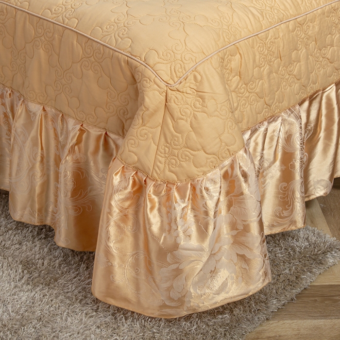 91家纺网 家纺一手货源 找家纺 福丽莱家纺  2023新款贡缎提花床裙四件套（夹棉）锦绣花开-金色