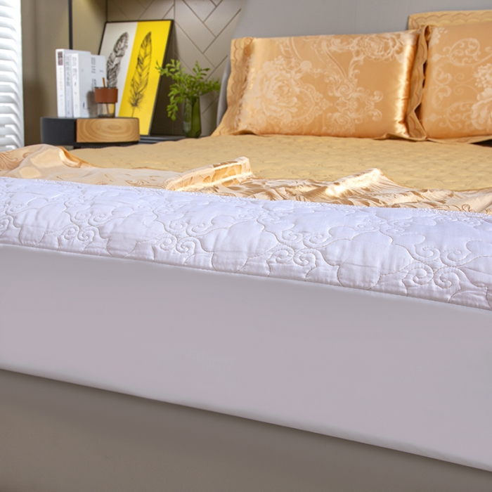 91家纺网 家纺一手货源 找家纺 福丽莱家纺  2023新款贡缎提花床裙四件套（夹棉）锦绣花开-金色