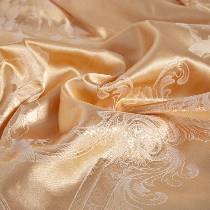 91家纺网 家纺一手货源 找家纺 福丽莱家纺  2023新款贡缎提花床裙四件套（夹棉）锦绣花开-金色