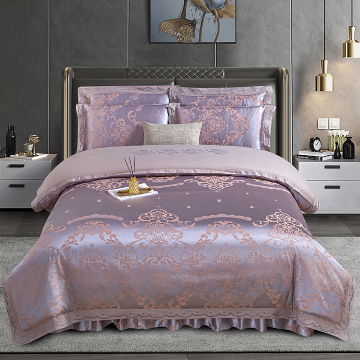 91家纺网 家纺一手货源 找家纺 福丽莱家纺  2023新款贡缎提花床裙四件套（夹棉）克里斯娜-银灰