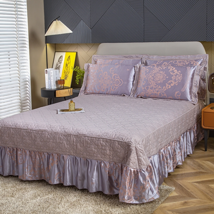 91家纺网 家纺一手货源 找家纺 福丽莱家纺  2023新款贡缎提花床裙四件套（夹棉）克里斯娜-银灰