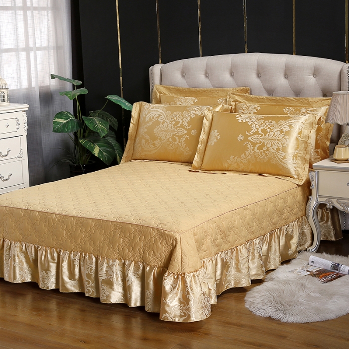 91家纺网 家纺一手货源 找家纺 福丽莱家纺  2023新款贡缎提花床裙四件套（夹棉）克罗丽莎-金色