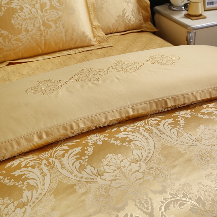 91家纺网 家纺一手货源 找家纺 福丽莱家纺  2023新款贡缎提花床裙四件套（夹棉）克罗丽莎-金色