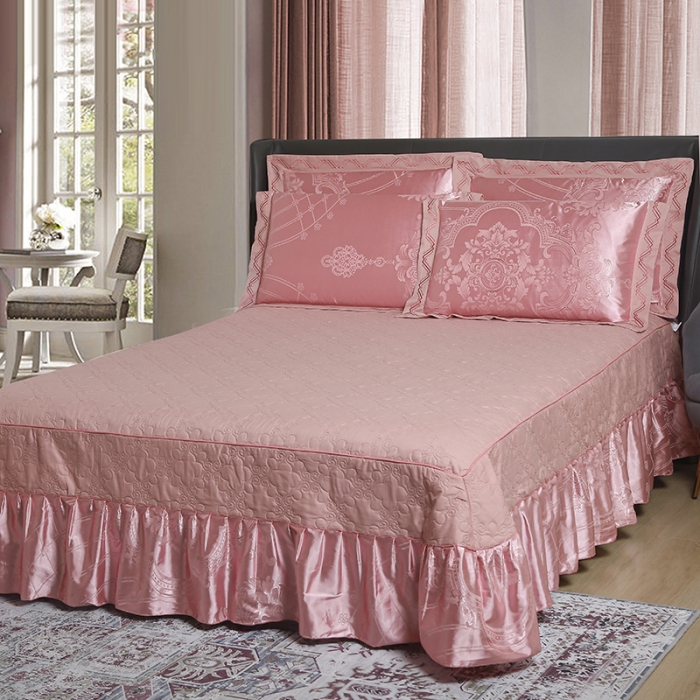 91家纺网 家纺一手货源 找家纺 福丽莱家纺  2023新款贡缎提花床裙四件套（夹棉）琳尚-珊瑚粉