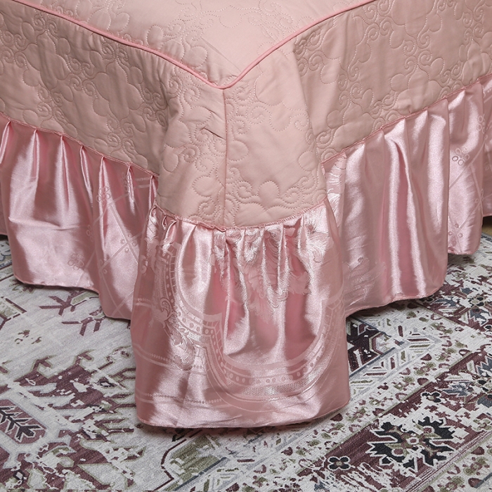 91家纺网 家纺一手货源 找家纺 福丽莱家纺  2023新款贡缎提花床裙四件套（夹棉）琳尚-珊瑚粉