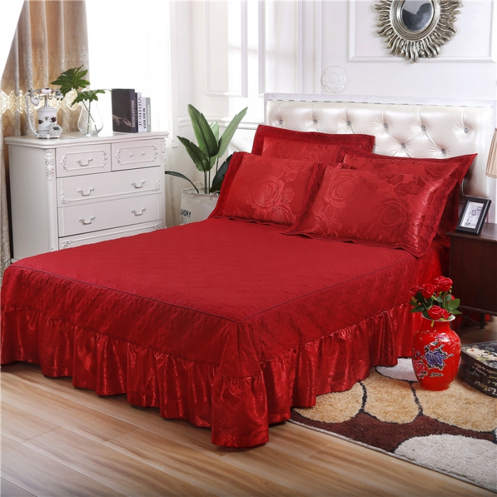 91家纺网 家纺一手货源 找家纺 福丽莱家纺  2023新款贡缎提花床裙四件套（夹棉）玫瑰风情-大红