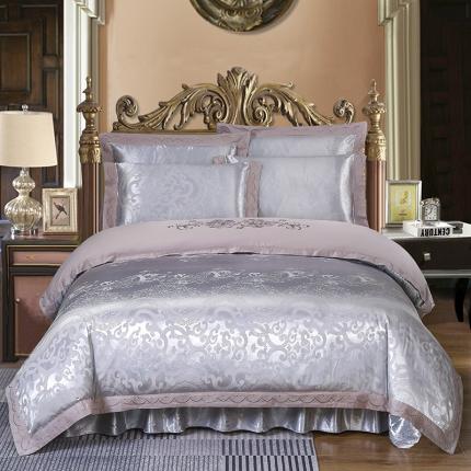 91家纺网 家纺一手货源 找家纺 福丽莱家纺  2023新款贡缎提花床裙四件套（夹棉）名门世家-银灰