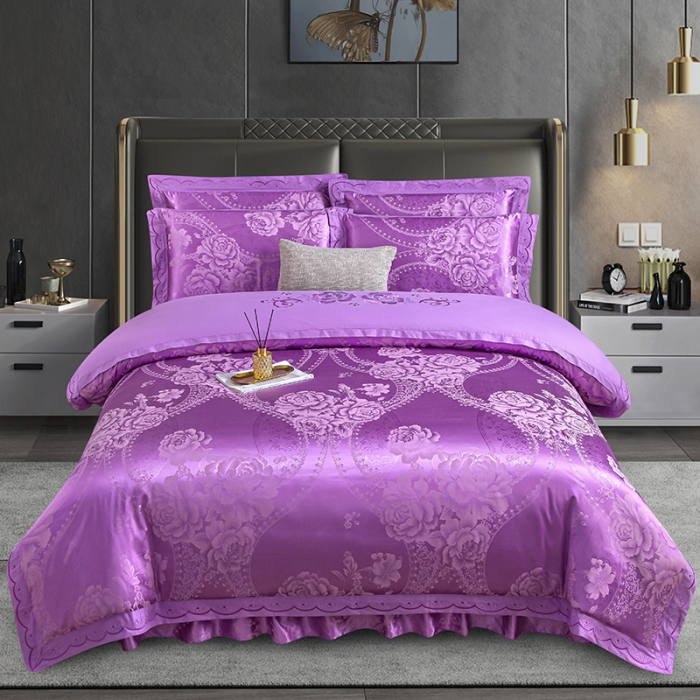 91家纺网 家纺一手货源 找家纺 福丽莱家纺  2023新款贡缎提花床裙四件套（夹棉）浓情花梦-雪青