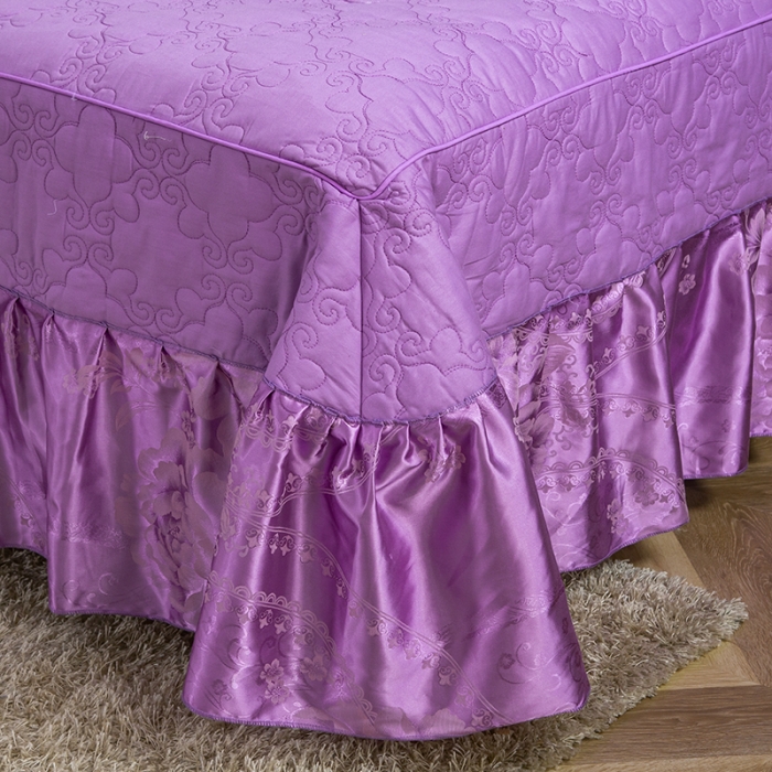 91家纺网 家纺一手货源 找家纺 福丽莱家纺  2023新款贡缎提花床裙四件套（夹棉）浓情花梦-雪青