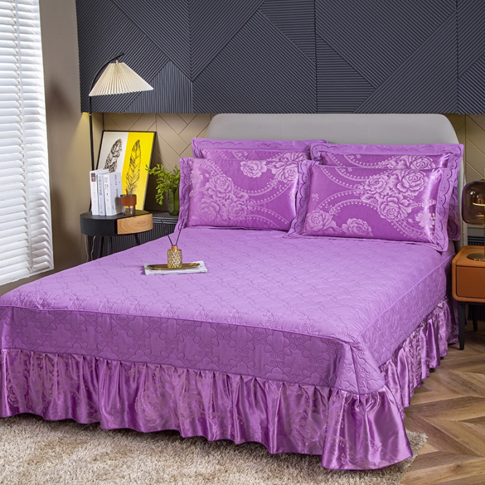 91家纺网 家纺一手货源 找家纺 福丽莱家纺  2023新款贡缎提花床裙四件套（夹棉）浓情花梦-雪青