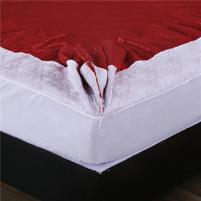 91家纺网 家纺一手货源 找家纺 福丽莱家纺  2023新款贡缎提花床裙四件套（夹棉）暖心芳妍-大红