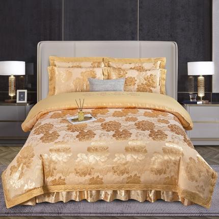 91家纺网 家纺一手货源 找家纺 福丽莱家纺  2023新款贡缎提花床裙四件套（夹棉）千娇百媚-金色