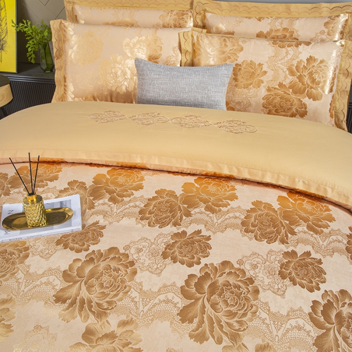 91家纺网 家纺一手货源 找家纺 福丽莱家纺  2023新款贡缎提花床裙四件套（夹棉）千娇百媚-金色