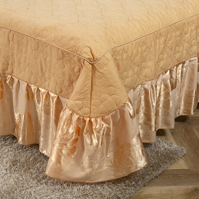 91家纺网 家纺一手货源 找家纺 福丽莱家纺  2023新款贡缎提花床裙四件套（夹棉）千娇百媚-金色