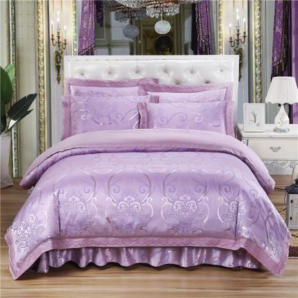 91家纺网 家纺一手货源 找家纺 福丽莱家纺  2023新款贡缎提花床裙四件套（夹棉）浅芳菲-粉紫