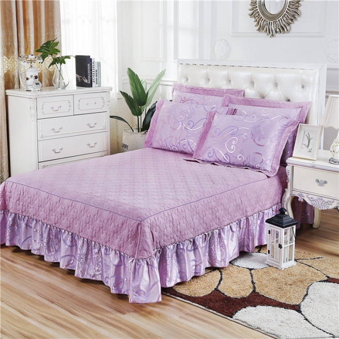 91家纺网 家纺一手货源 找家纺 福丽莱家纺  2023新款贡缎提花床裙四件套（夹棉）浅芳菲-粉紫