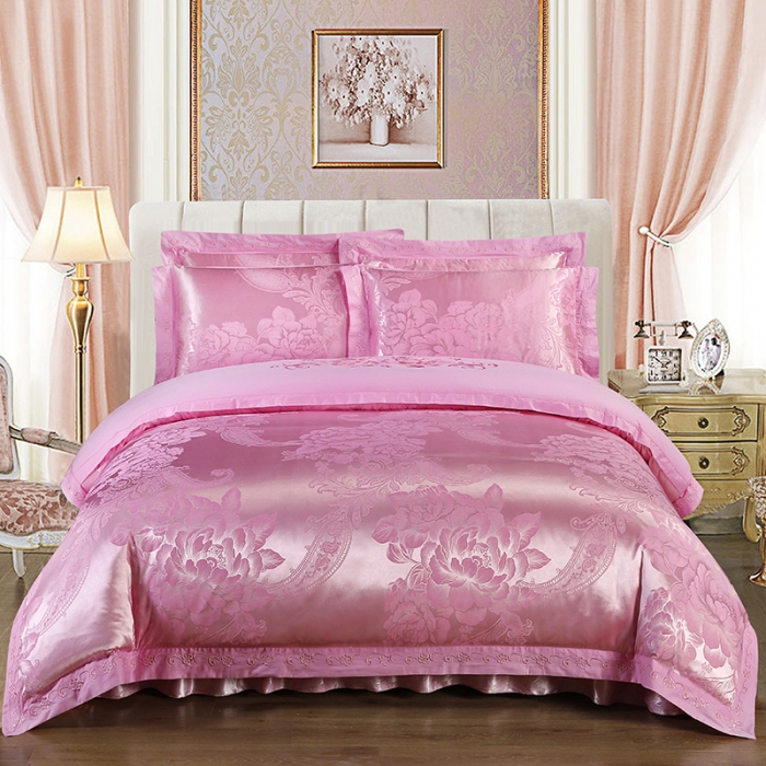 91家纺网 家纺一手货源 找家纺 福丽莱家纺  2023新款贡缎提花床裙四件套（夹棉）乔安迪-粉