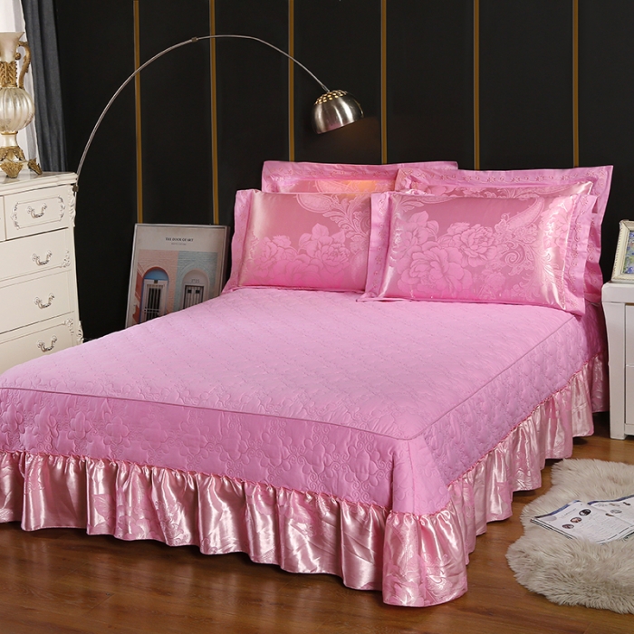 91家纺网 家纺一手货源 找家纺 福丽莱家纺  2023新款贡缎提花床裙四件套（夹棉）乔安迪-粉