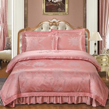 91家纺网 家纺一手货源 找家纺 福丽莱家纺  2023新款贡缎提花床裙四件套（夹棉）情梦花逸-粉玉