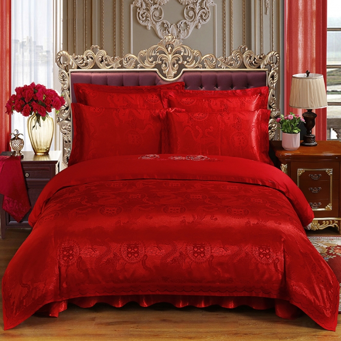 91家纺网 家纺一手货源 找家纺 福丽莱家纺  2023新款贡缎提花床裙四件套（夹棉）喜瑞祥和-大红