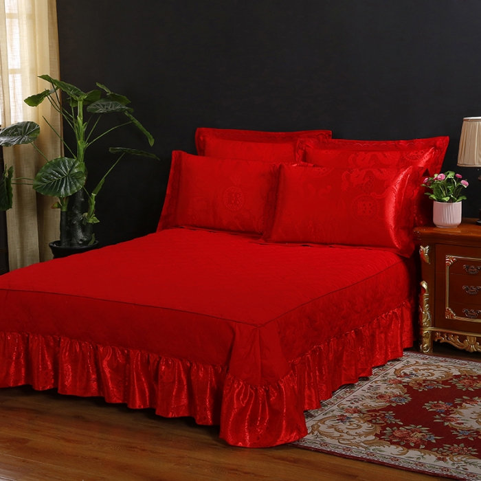 91家纺网 家纺一手货源 找家纺 福丽莱家纺  2023新款贡缎提花床裙四件套（夹棉）喜瑞祥和-大红