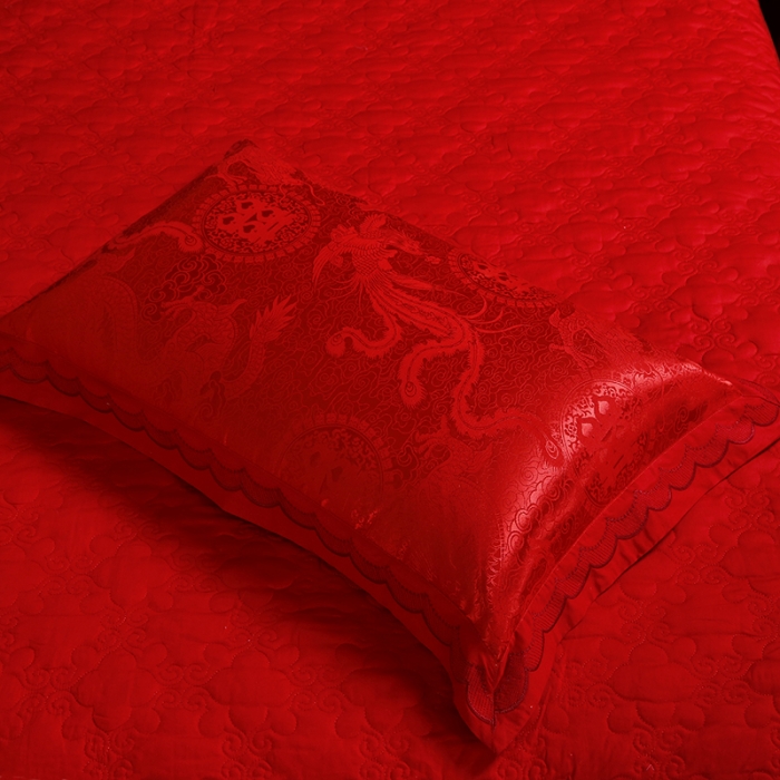 91家纺网 家纺一手货源 找家纺 福丽莱家纺  2023新款贡缎提花床裙四件套（夹棉）喜瑞祥和-大红