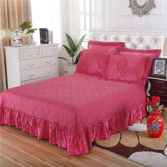 91家纺网 家纺一手货源 找家纺 福丽莱家纺  2023新款贡缎提花床裙四件套（夹棉）喜上眉梢-砖红