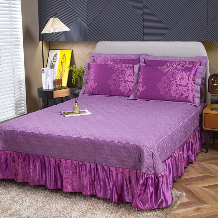 91家纺网 家纺一手货源 找家纺 福丽莱家纺  2023新款贡缎提花床裙四件套（夹棉）幽香-紫罗兰