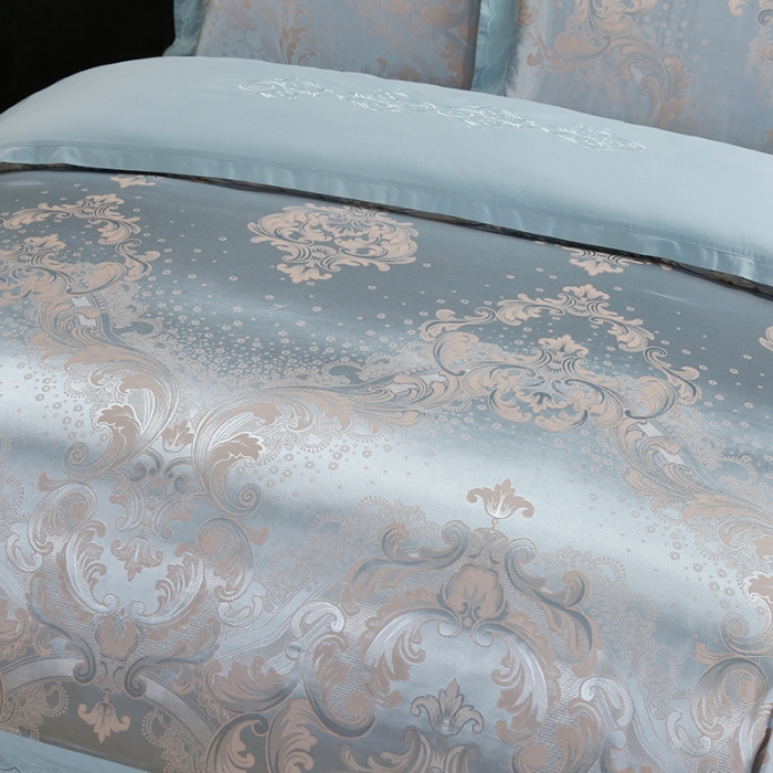 91家纺网 家纺一手货源 找家纺 福丽莱家纺  2023新款贡缎提花床裙四件套（夹棉）悦动旋律-杏兰