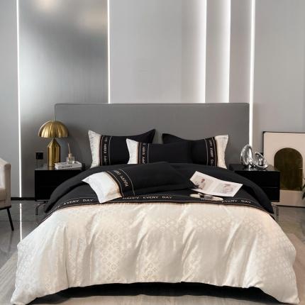 91家纺网 家纺一手货源 找家纺 苏源家居 2023新款四季主推水洗棉绣花织带提花四件套外贸柏林系列 柏林耀黑